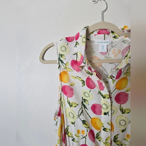 Cynthia Rowley Linen Blend Dress 8 Sleeveless Button Front Fruit Print Belted - Picture 4 of 11
